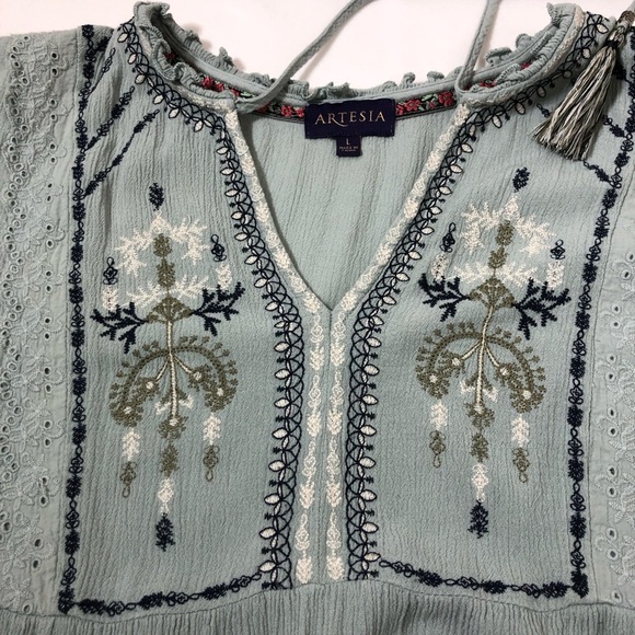 Artesia Top Womens Sage Green Embroidered Boho Flowy Short Sleeve Blouse L - Picture 10 of 14